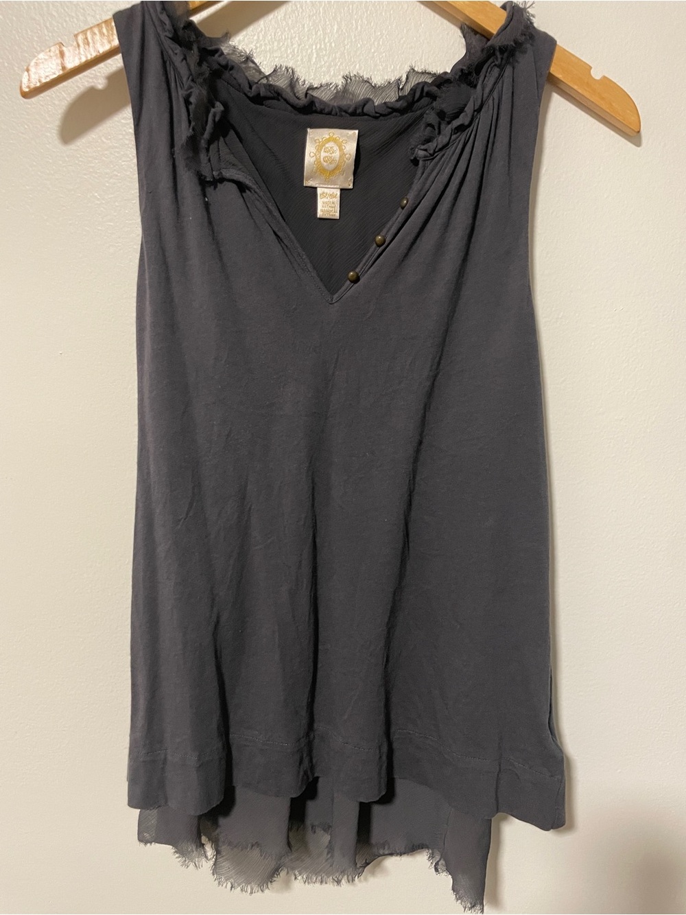 Rio Rao Charcoal‎ Tank Top Frayed Trim V-Neck Layered Tank Womens Medium Flowy
